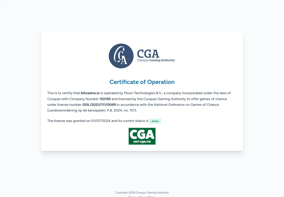 Betriebszertifikat der Curaçao Gaming Authority für bitcasino.io