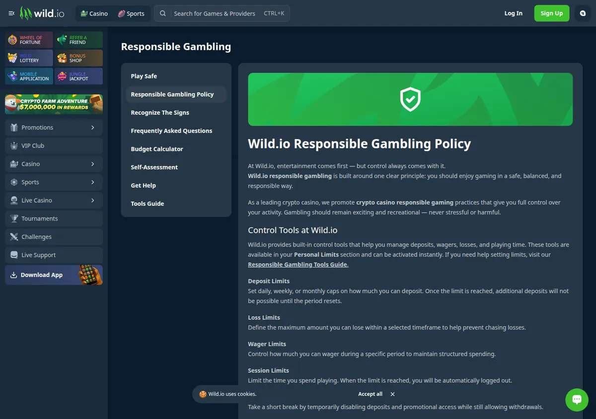 Seite „Responsible Gambling Policy" von Wild.io mit den Abschnitten zu den Limits